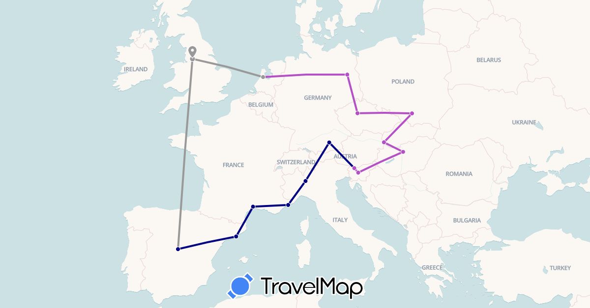 TravelMap itinerary: driving, plane, train in Czech Republic, Germany, Spain, France, United Kingdom, Hungary, Italy, Monaco, Netherlands, Poland, Slovenia, Slovakia (Europe)